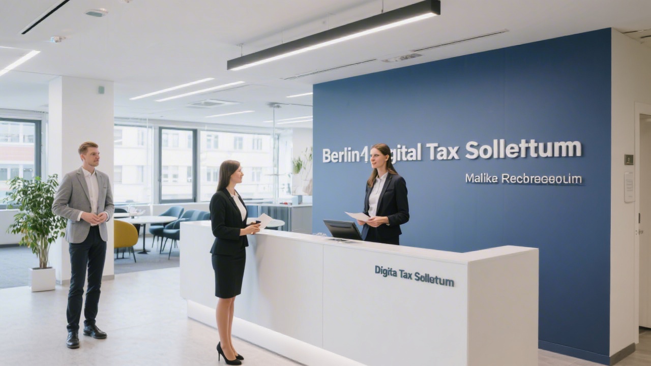Modern reception area with professional staff ready to greet visitors in a Berlin office focused on digital tax solutions