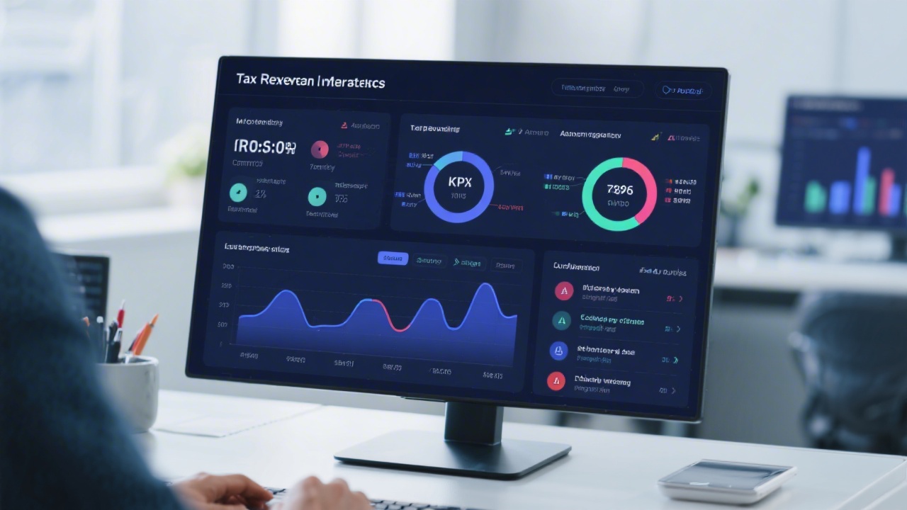 Interactive analytics dashboard displaying tax recovery KPIs, compliance indicators, and automated workflow alerts on a sleek interface