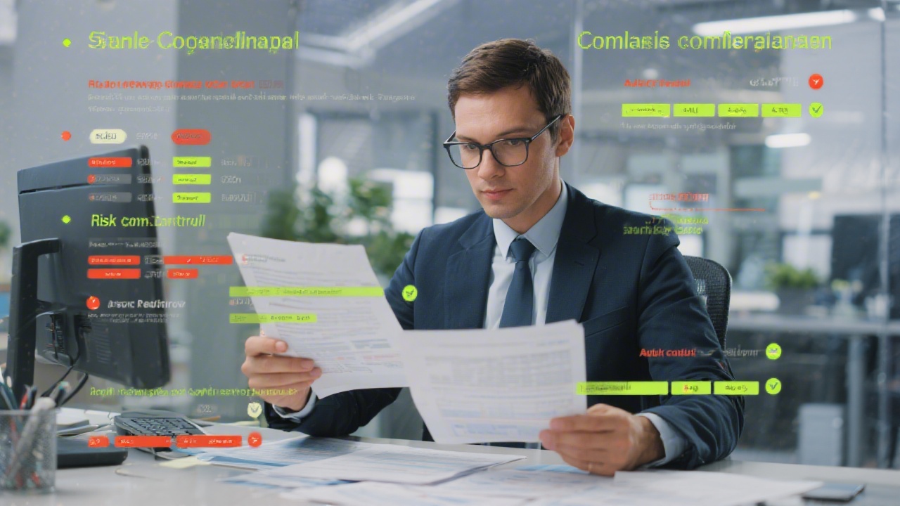 Compliance specialist reviewing structured documentation with highlighted risk controls and audit readiness indicators in a modern workspace